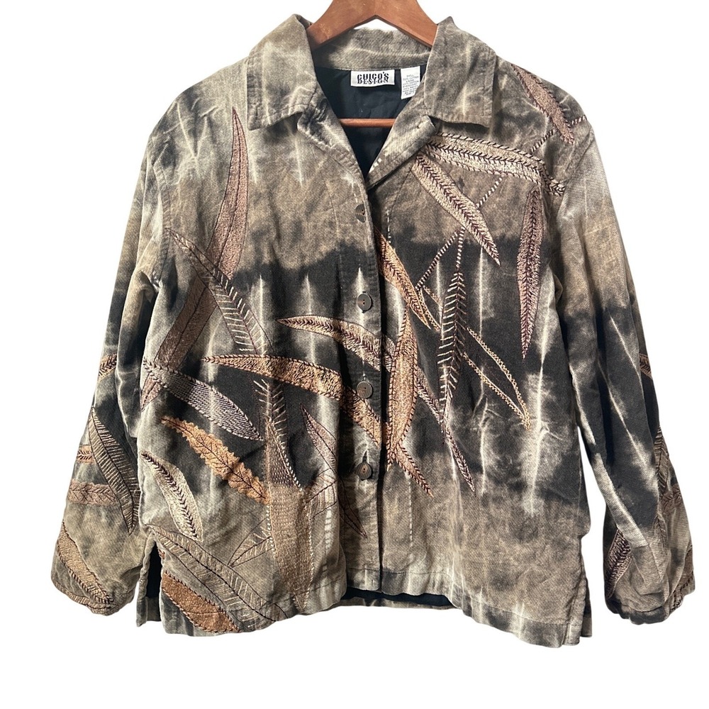 Chico's Embroidered Art Jacket Women's Size 1 Medium Gray Brown Boho Utility